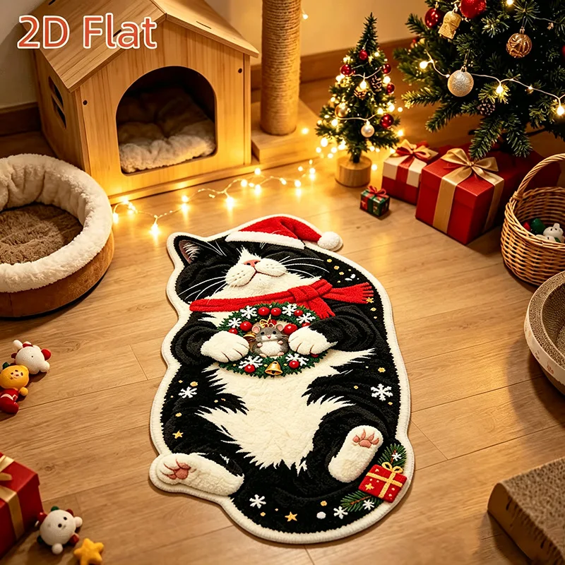 VIKAMA Black White Cat Holding Gingerbread House Rug, Soft Flannel Non Slip Absorbent Washable Bath Mat, Fluffy Quick Dry