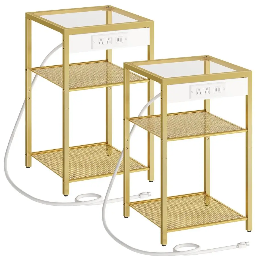 

End Tables Set of 2 with Charging Station, Side Tables with USB Ports amp Power Outlets, 3Tier Slim Nightstands with Storage She