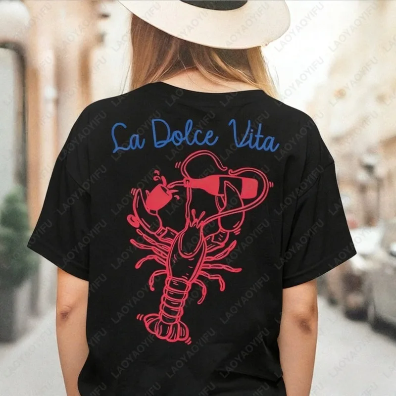 

La Dolce Vita Coastal Lobster T-Shirt Casual Short Sleeve Cotton Tee Mediterranean Wine Lover Summer Streetwear Tee Camisetas