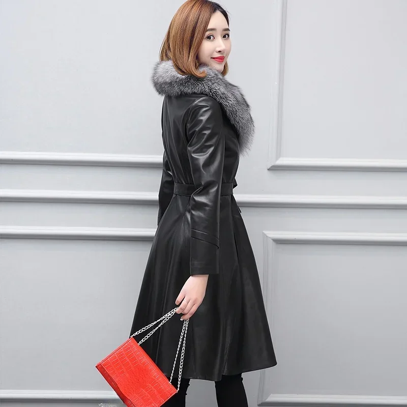 100% Real Leather Coat with Fur Collar Luxury Sheepskin Leather Jackets Women Spring 2024 Autumn clothes Elegant Vintage Coats