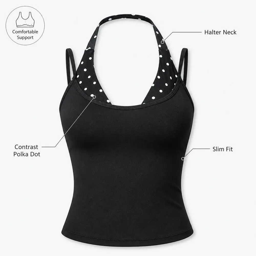 Fashion Polka Dot Yoga Tank Top Removable Padding Built In Bra Sports Bra Tank Double Strap Faux Layered Workout Tank Top Women