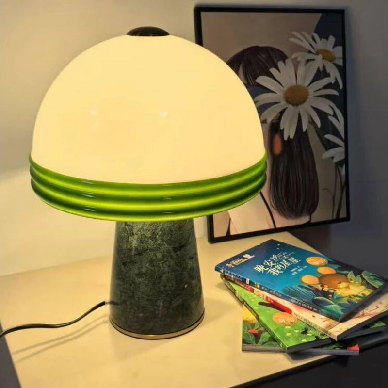 2026 Green Marble Mushroom Table Lamp Rotundity White Glass Lampshade Living Room Bedroom Study Restaurant Reading Desk Light