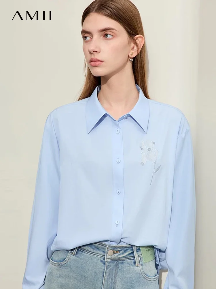 AMII Minimalism Shirts For Women 2024 Spring New Lapel Collar Drop Sleeves Embroidery Office Lady Solid Mid-length Tops 12421013