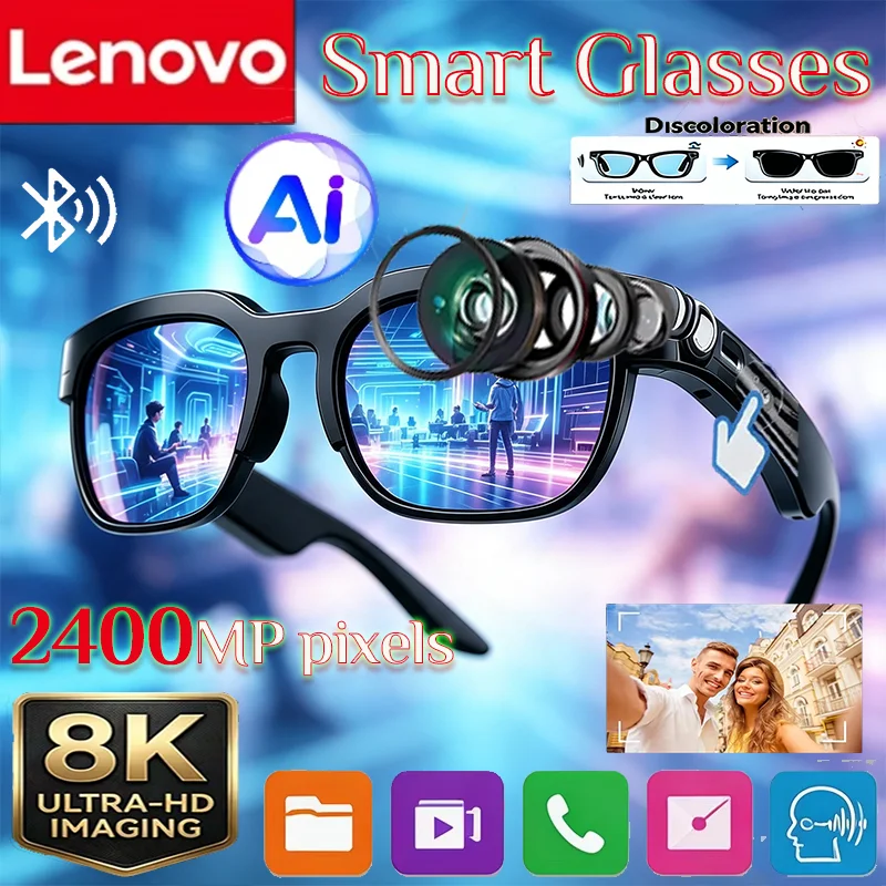 Lenovo 8K 2400MP Smart Glasses AI Translation Bluetooth Conversation Recording Listen Music Insert Cards Smart Sunglasses