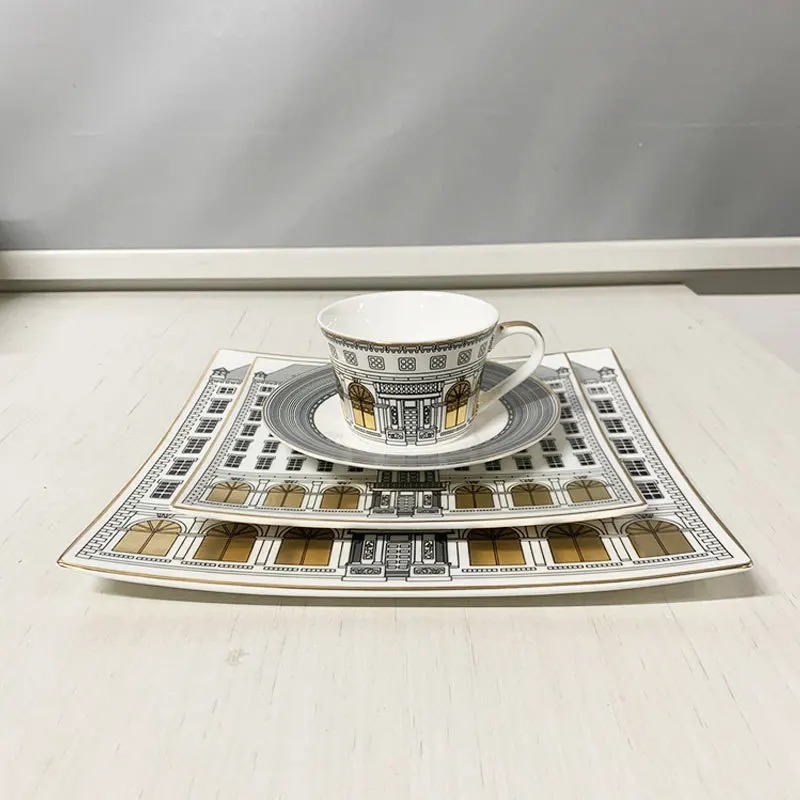 European-style Black-and-white Architectural Art Ceramic Mugs and Saucers Coffee Cups and Saucers Tableware Afternoon Teacups