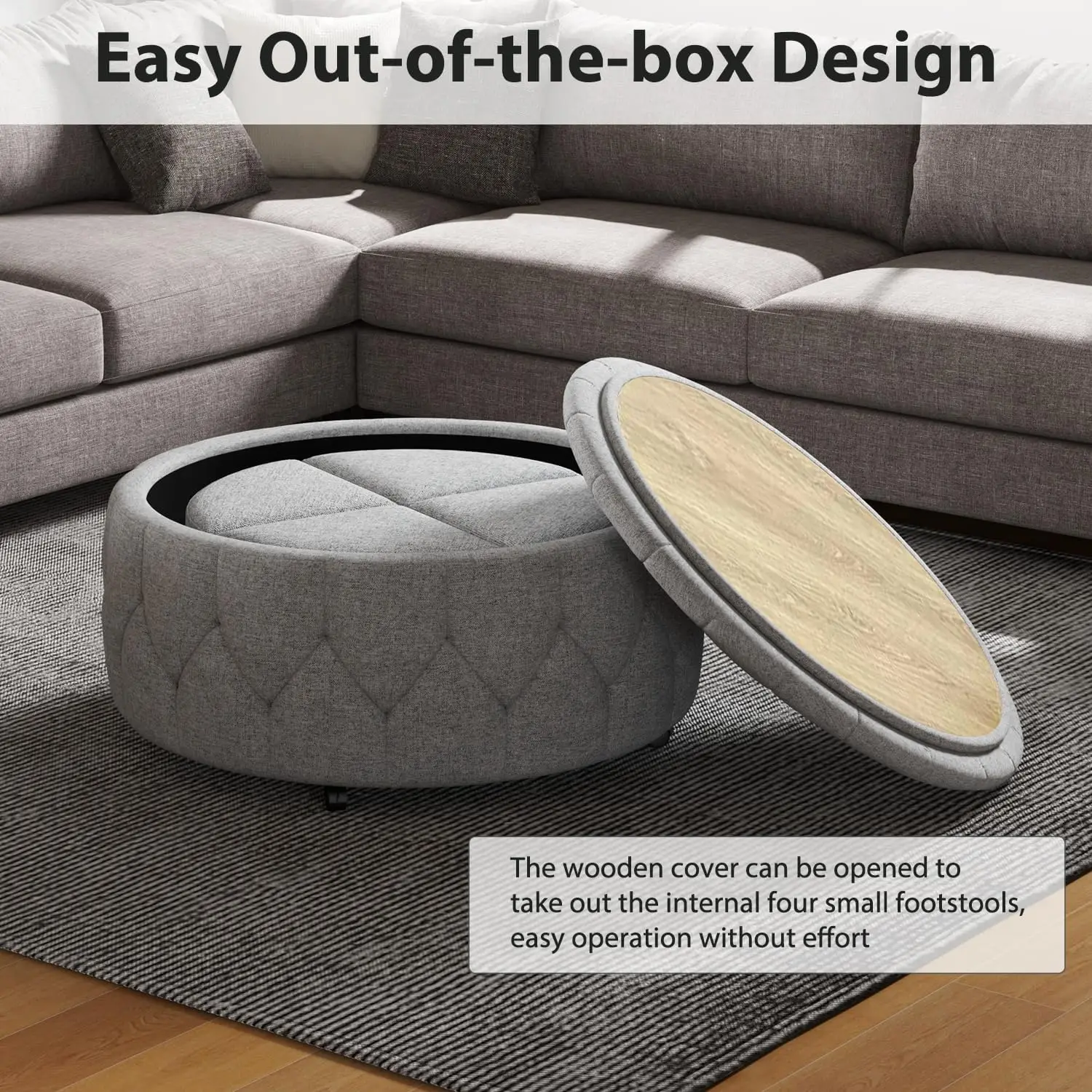 36" Wide Storage Ottoman Large with 4 Wheels,Tufted Round Rolling Ottoman with Removable Lid, Coffee Table Seat Inside