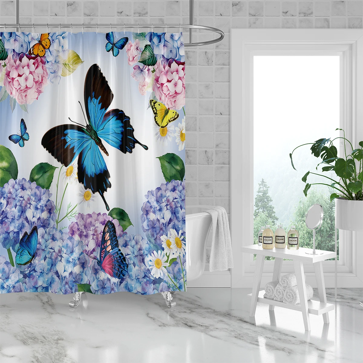 Blue Butterflies and Flowers Shower Curtain Gift Modern Home Bathroom Decoration with 12 Hooks