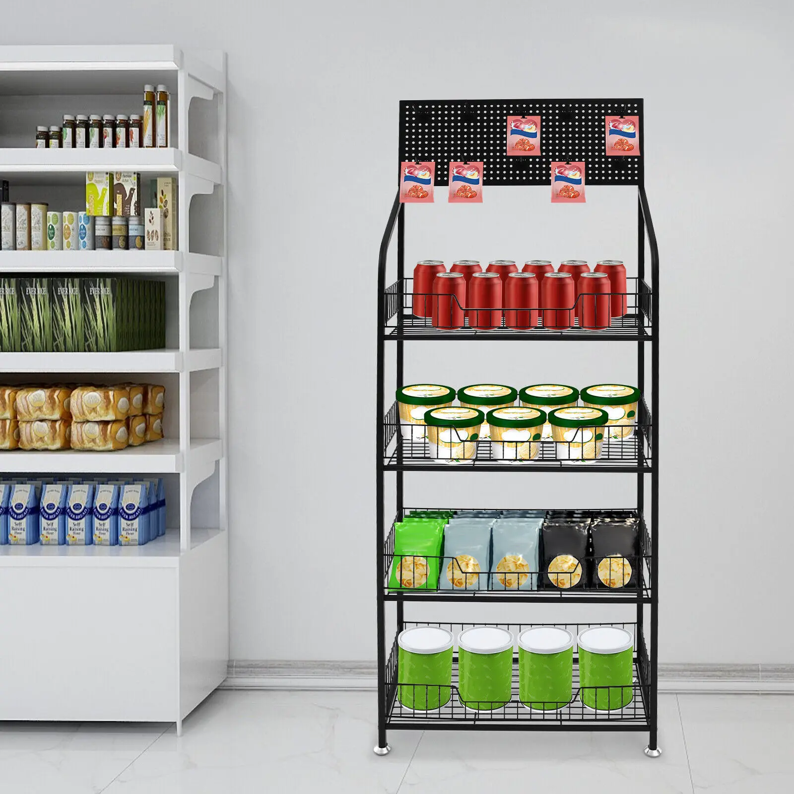 

4-х ярусная железная витрина для розничной торговли, черная подставка с 10 крючками для закусок, игрушек