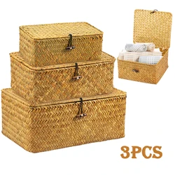 3Pcs Seagrass Storage Basket Hand Woven Rattan Storage Finishing Basket Retro Grass-Braided Gift Box with Lid Laundry Basket
