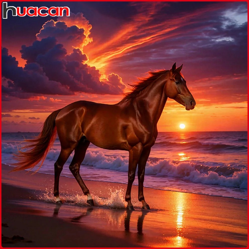 Huacan 5D-Diamantgemälde zum Selbermachen, Pferd, Sonnenuntergang, Diamantmosaik, Tierlandschaft, neue Kollektion 2025, Geschenk