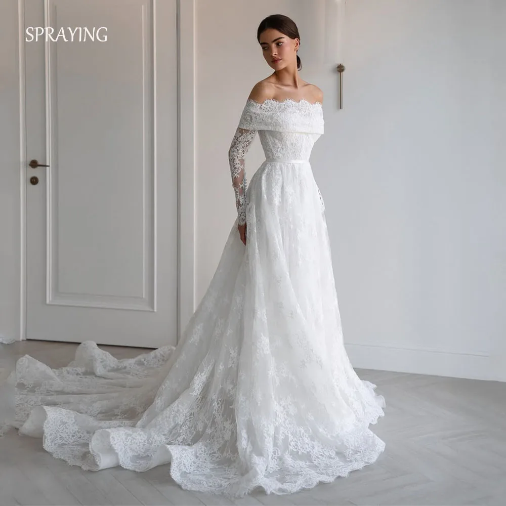 

Роскошное кружевное свадебное платье SPRAYING с открытыми плечами и длинными рукавами, свадебные платья с длинным шлейфом Robe De Mariée по индивидуальному заказу 2025