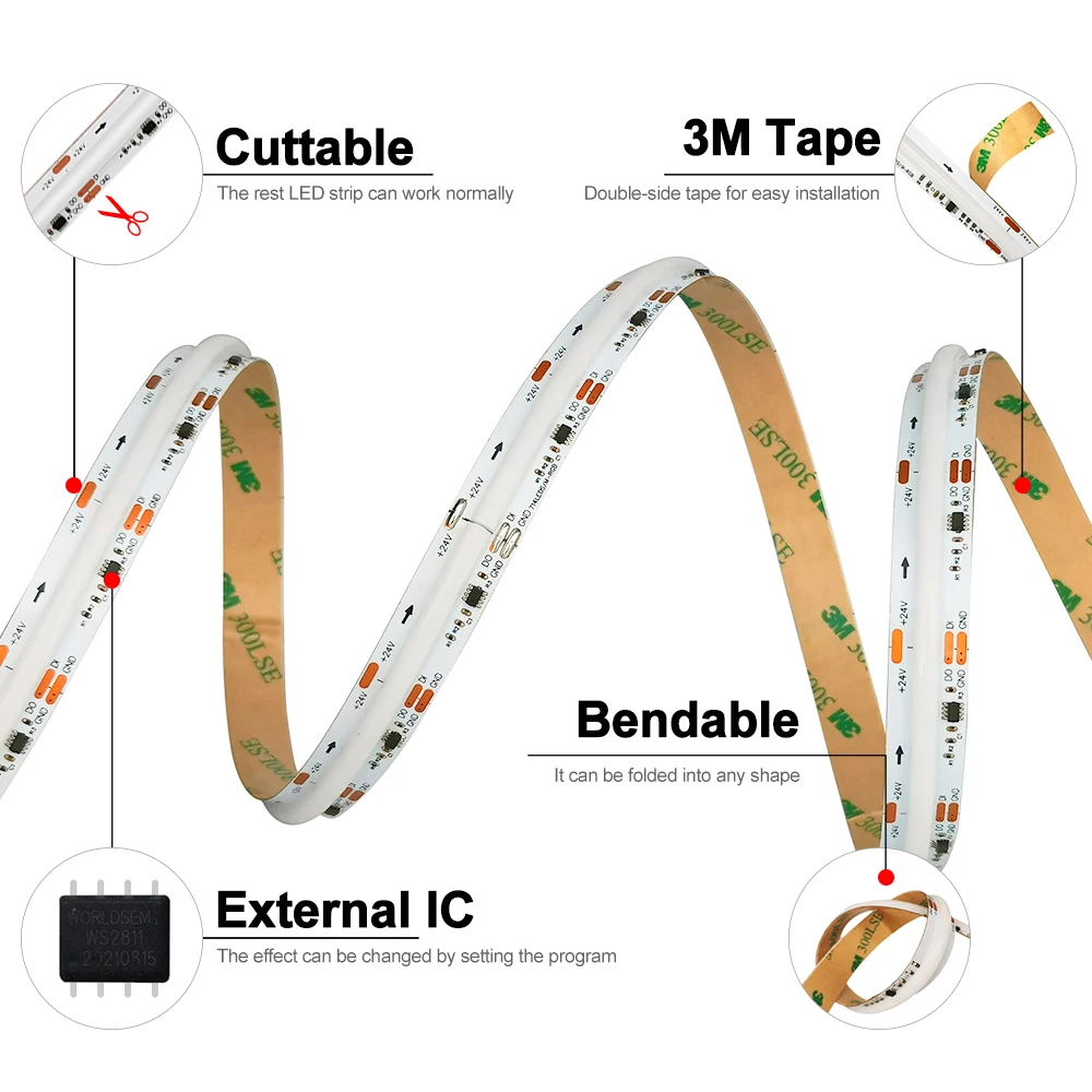 DC12/24V Smart RGB IC WS2811 COB LED Strip 720 LEDs/m High Density Flexible Dream Color FOB Light 12mm Individually Addressable