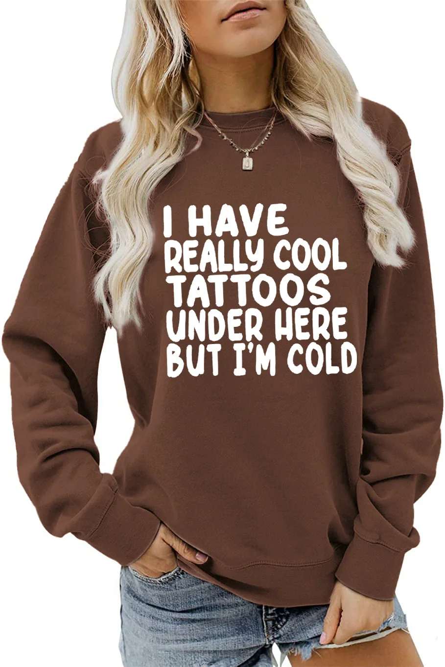 Autumn crew-neck long-sleeved T-shirt hoodie I HAVE REALLY COOL TATTOOS print loose casual top women's all-in-one fashion jumper
