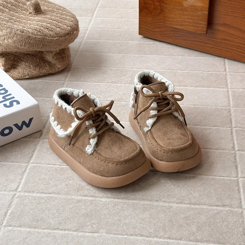 

Зимние флисовые зимние ботинки для девочек 2024, теплые детские хлопковые ботильоны в стиле ретро, обувь на нескользящей мягкой подошве для малышей и малышей