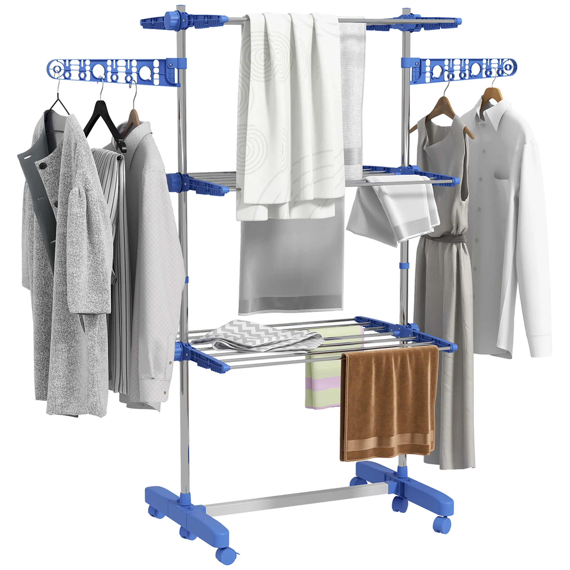 HOMCOM Tendedero Vertical Plegable de 3 Niveles con 6 Ruedas Azul