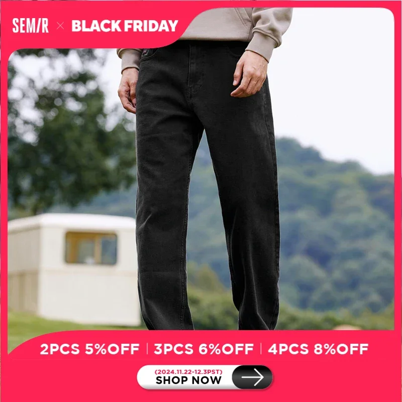 Semir Jeans Men Winter Pants Retro Hong Kong Style Loose Straight Pants Fashion Embroidered Long Pants