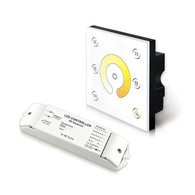 

Wireless Single-Zone CC CCT Panel P2X+R4-CC-2.4G RGB/RGBW panel controller with the 10 built-in changing modes 4096 grey scales