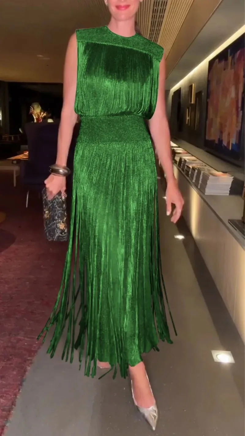 طقم مكون من قطعتين فستان أنيق مزين بالترتر للنساء ملابس خروج لامعة بدون أكمام للحفلات فساتين طويلة أنيقة برقبة دائرية