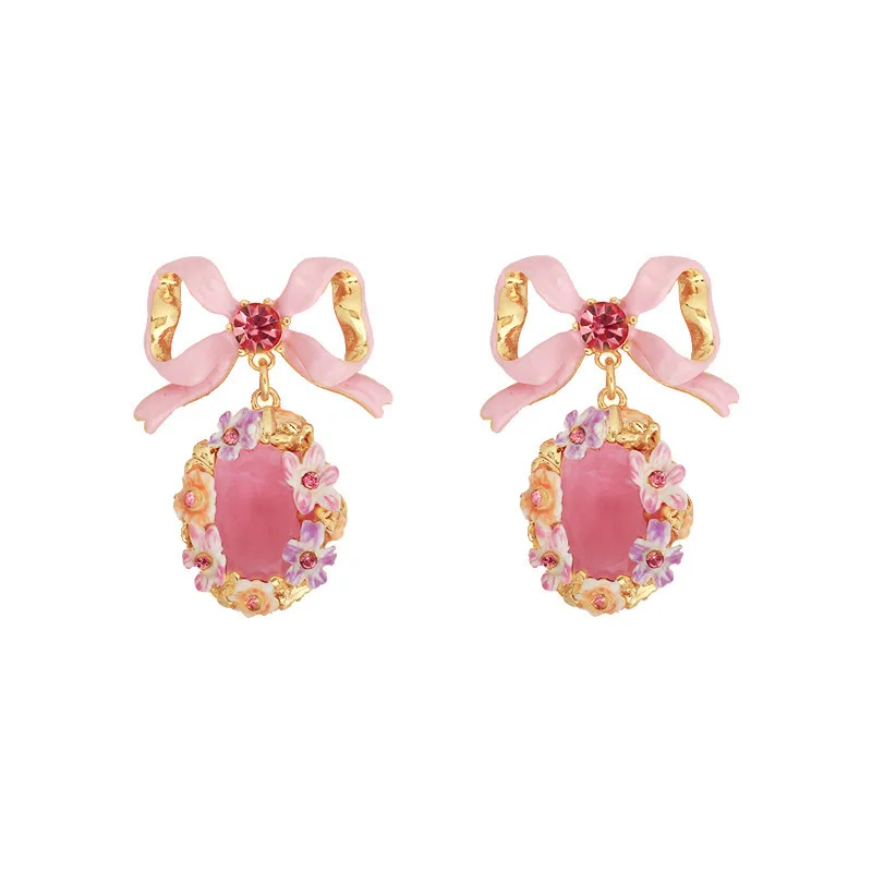 Spring Summer New in Fresh Sweet Bowknot Earrings Fashionable Trendy Mini Flower Dangle Earrings Pink Tender Temperament Jewelry