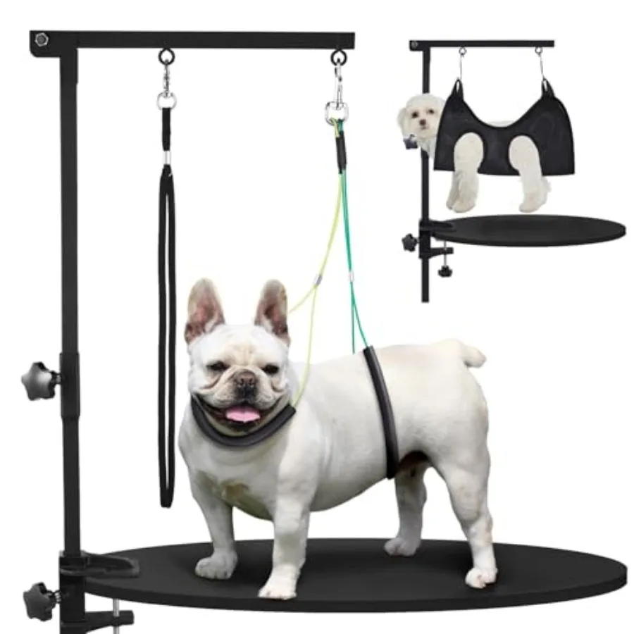 

Dog Grooming Table Arm with Hammock 35" Adjustable Height Grooming Arm with Clamp and No-Sit Haunch Holders Suitable for Small
