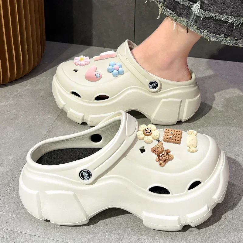 Women Slippers 2024 Summer High-Heeled Thick Sole Soft Sandals Outdoor Beach Slippers Cute Cat Hole Garden Shoes for