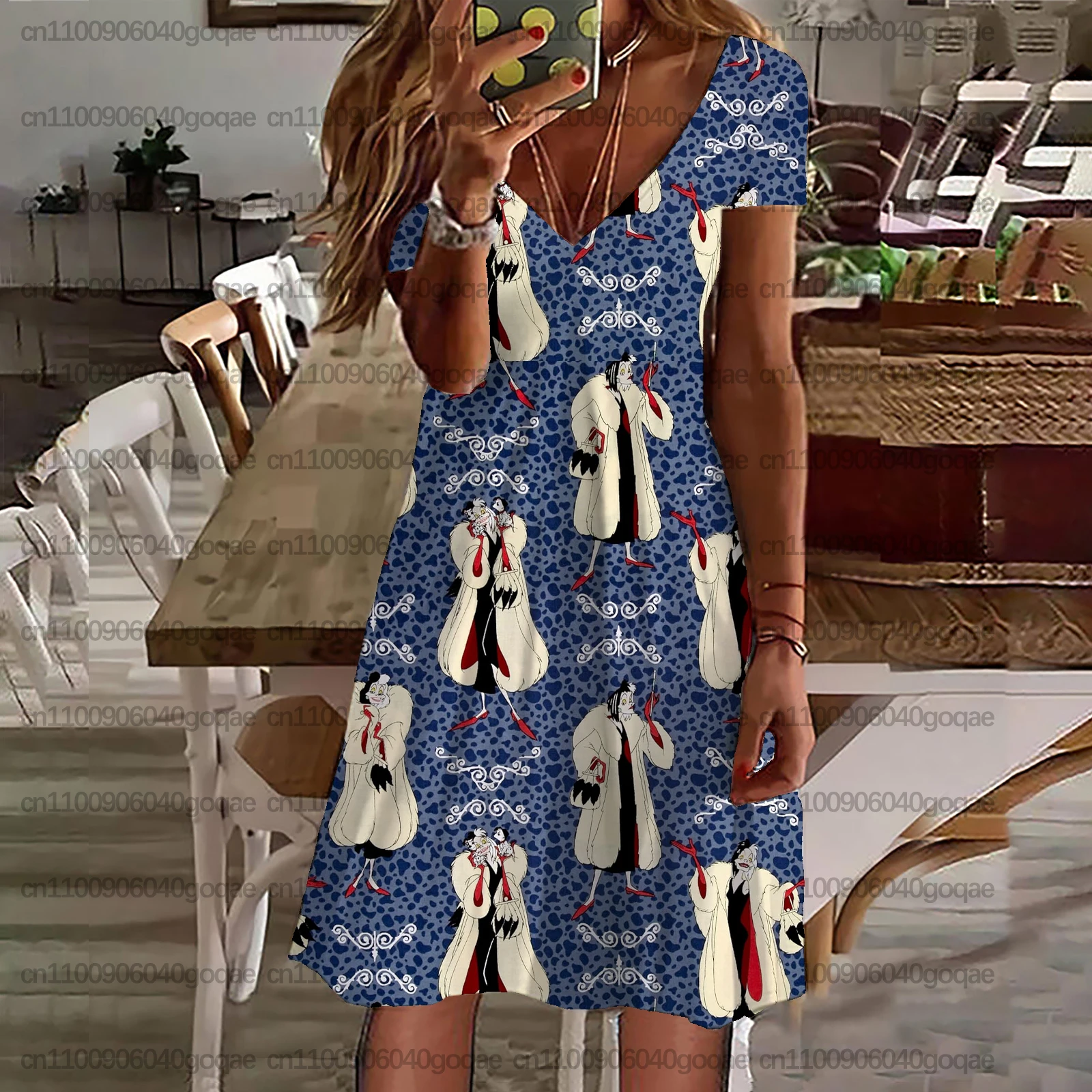 New Summer Women's Dress/T-shirt with Sleeping Devil Print, V-neck, Short Sleeve, Casual Travel Beach Style Dress, Simple Style