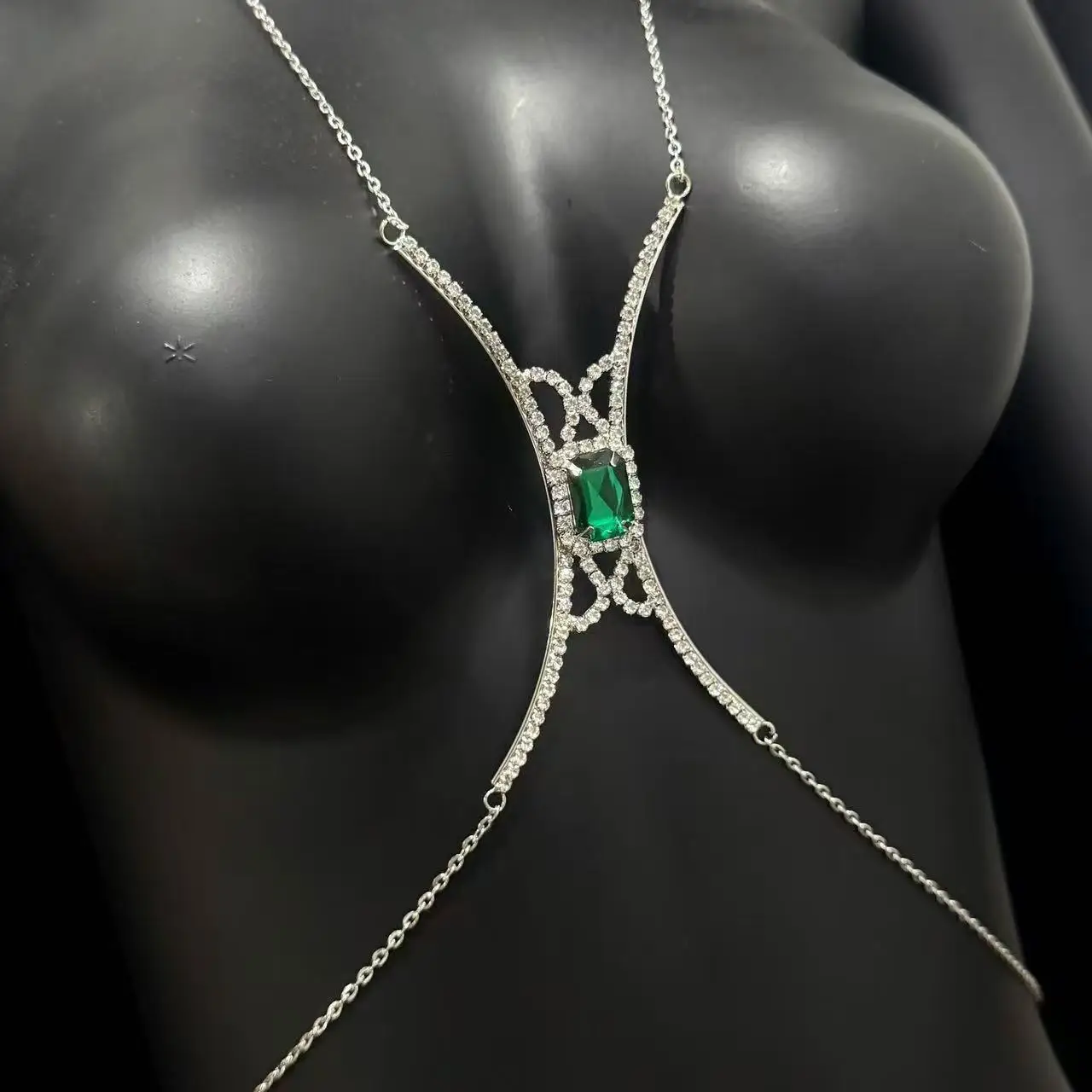 Fashionable body accessories, sexy geometric square green rhinestone bra body chain jewelry view 4