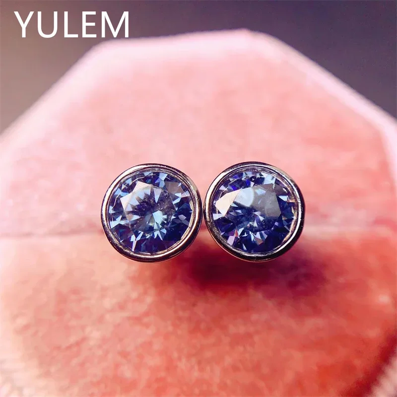 YULEM 2023 New Blue Moissanite Stud Earrings for Women Jewelry Real 925 Silver Gold Plated Shiny Gemstone Party Gift