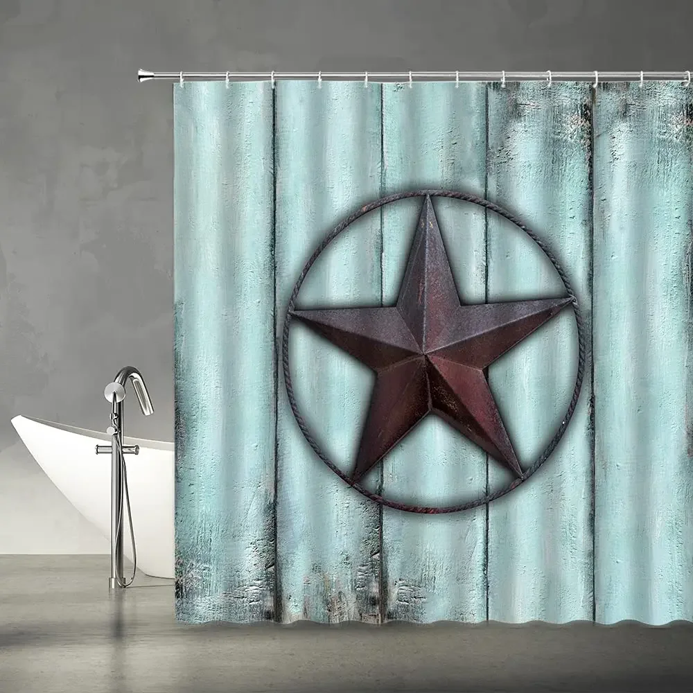 Rustic Texas Shower Curtain Southwestern Texas Star Barn Turquoise Wooden Board Farmhouse Room Fabric Bathroom Decor Set Hooks