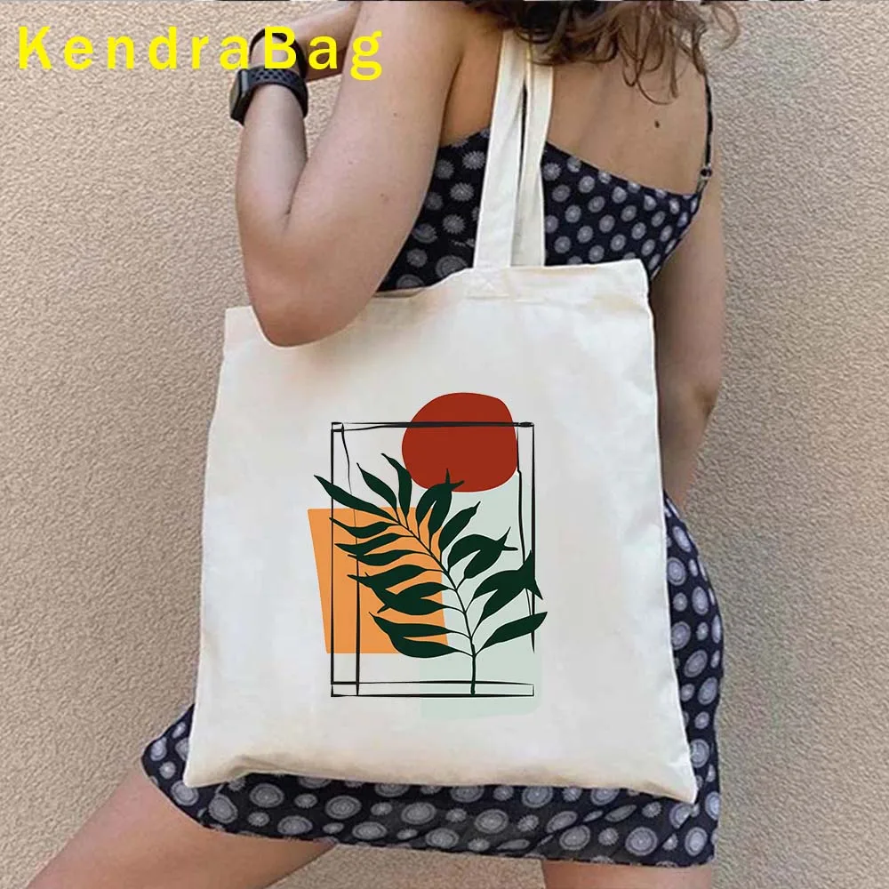 Botanical Abstract Leaf Modern Art One Line Face Floral Geometric Tropical Palm Shoulder Canvas Tote Bag Cotton Shopper Handbags