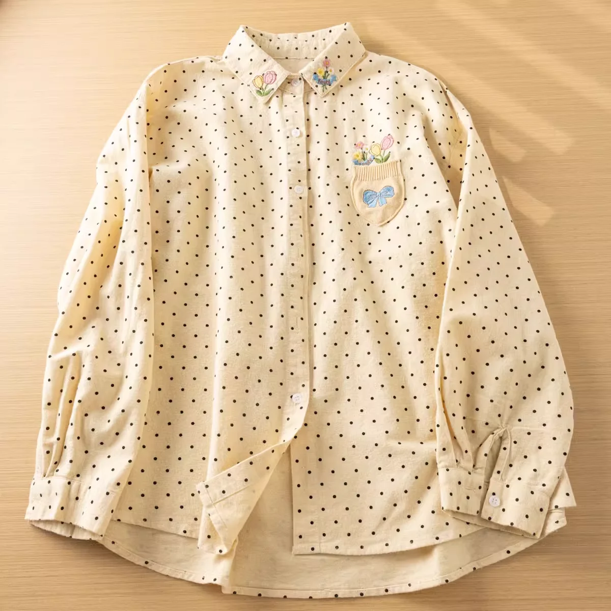 Mori kei chic polka dot print shirts thicken warm flower embroidery knit patch long sleeve tops korean style women clothing