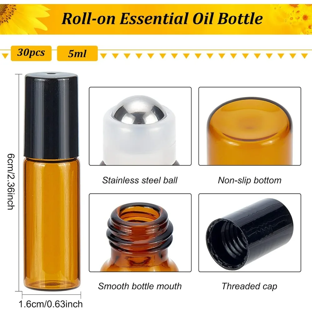 30 Pack 5ml Amber Glass Essential Oils Roller Bottles with Stainless Steel Roller Balls 10Pcs 3ml Droppers 4Pcs Funnels