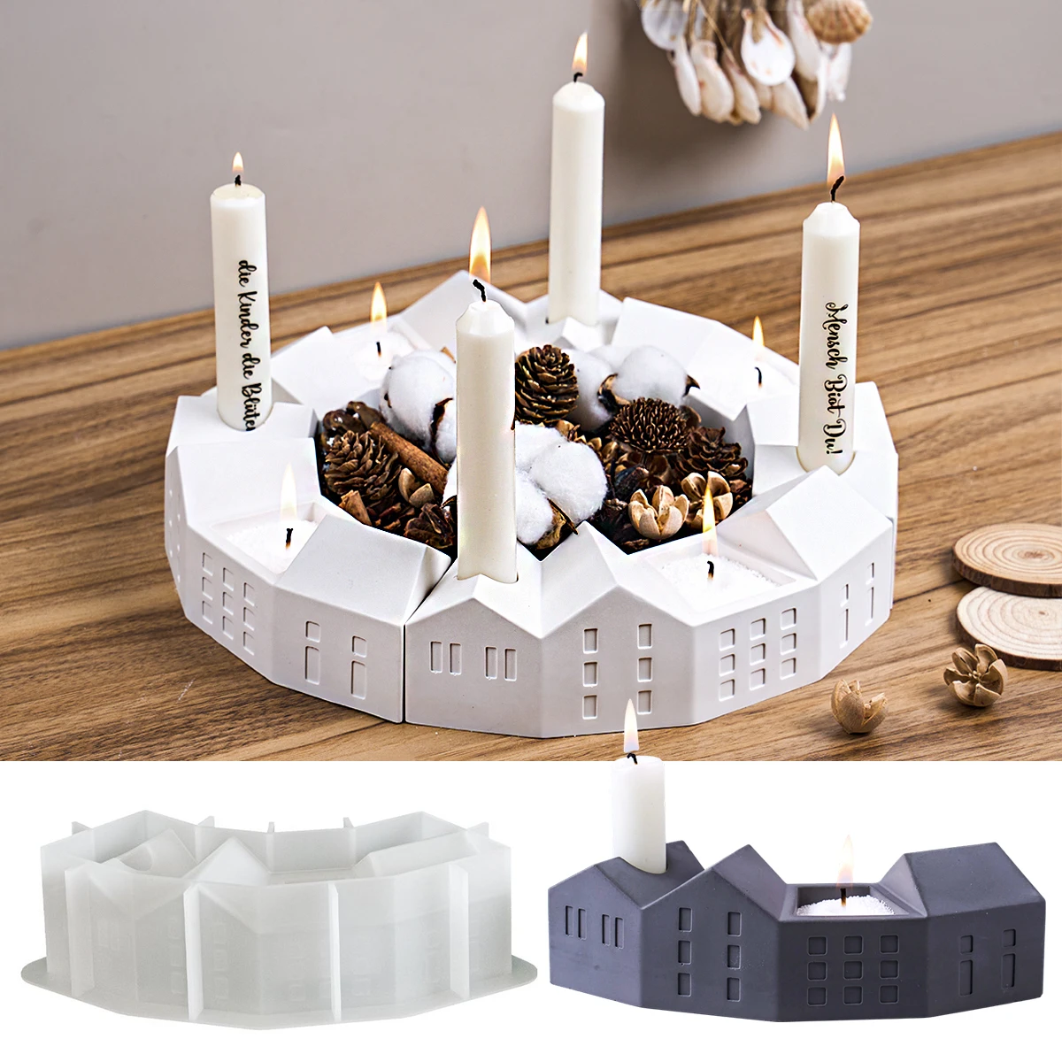 DIY Nordic Haus Silikon Form 2In1 Halbmond Gips Beton Kerzenhalter Kerze Glas Ornament Form 3D Schloss Handwerk wohnkultur