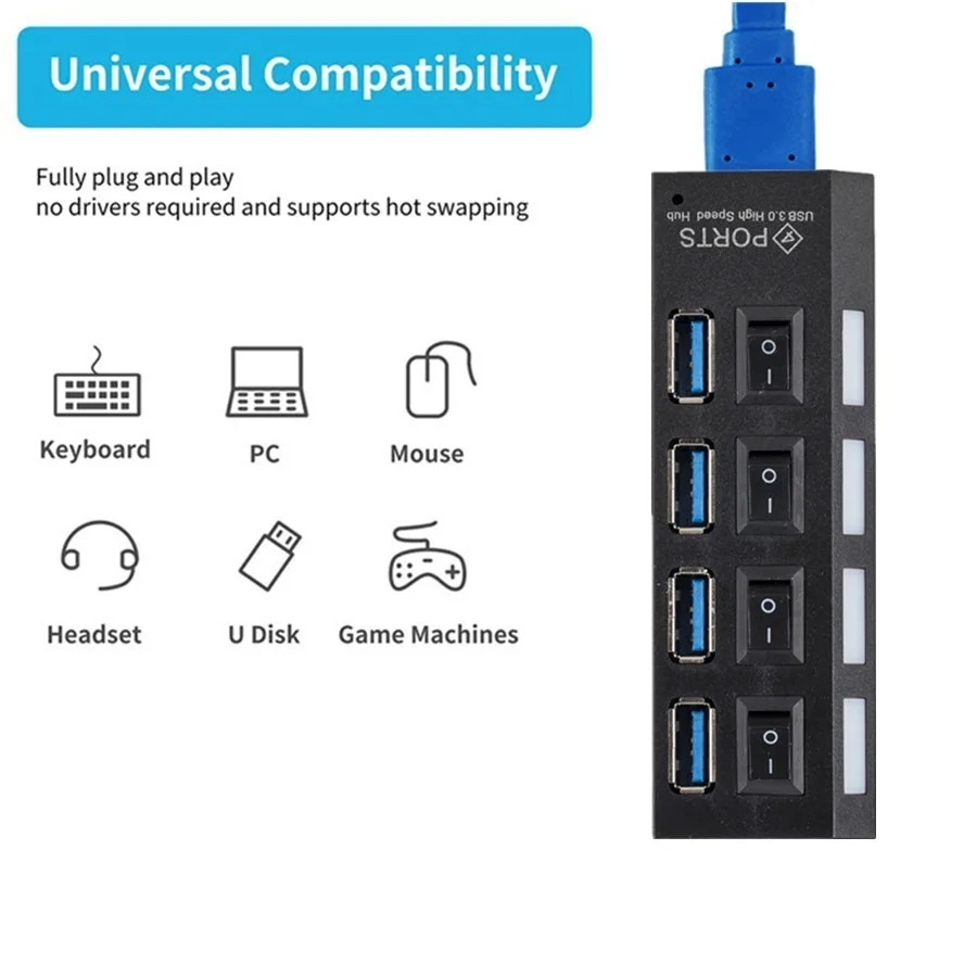 USB 3.0 Hub 5Gbps ความเร็วสูง USB Splitter 3 Hab ใช้ Power Adapter 4พอร์ตหลาย Expander Hub พร้อมสวิทช์สำหรับ PC แล็ปท็อป