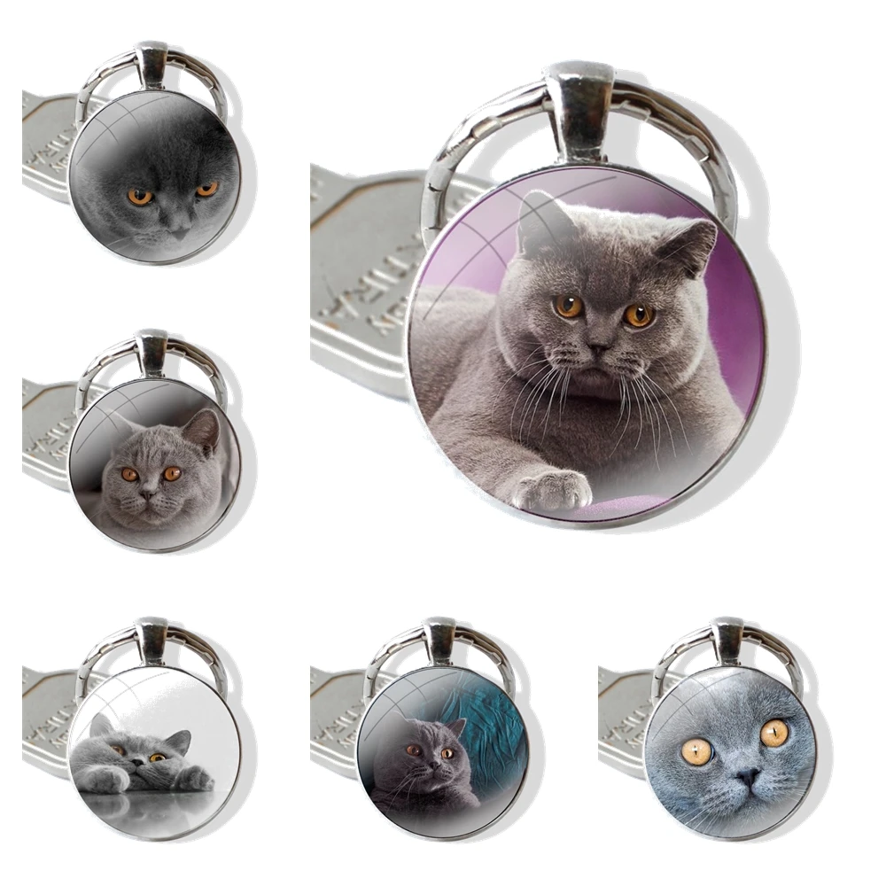 LLavero de gato corto británico hecho a mano, llavero de cabujón de cristal, soporte colgante