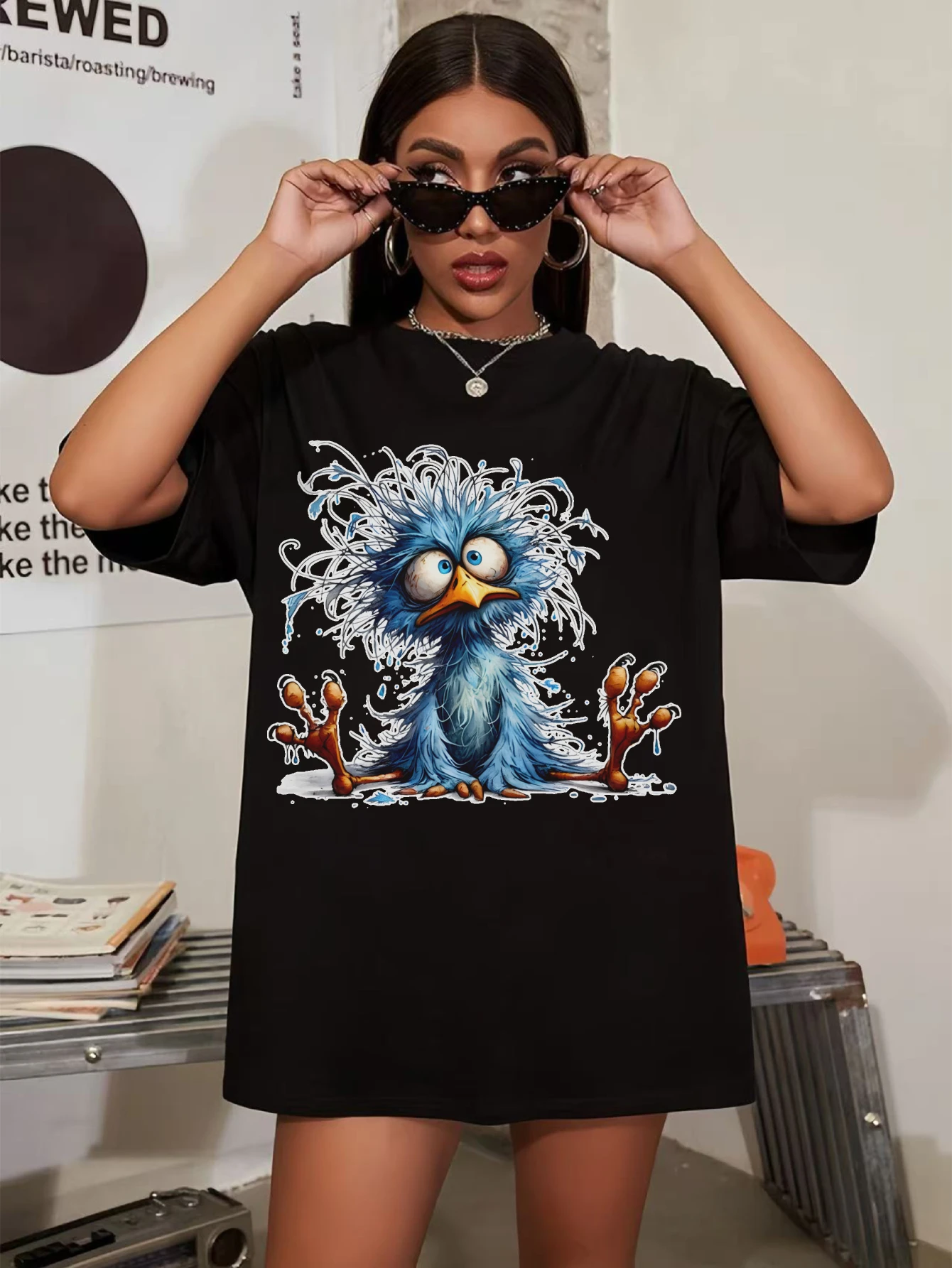 

Funny Watercolor Frazzled Quirky Blue bird Comfortable Black Round Neck T-Shirt for Women Plus Size Autumn Clothes Halloween