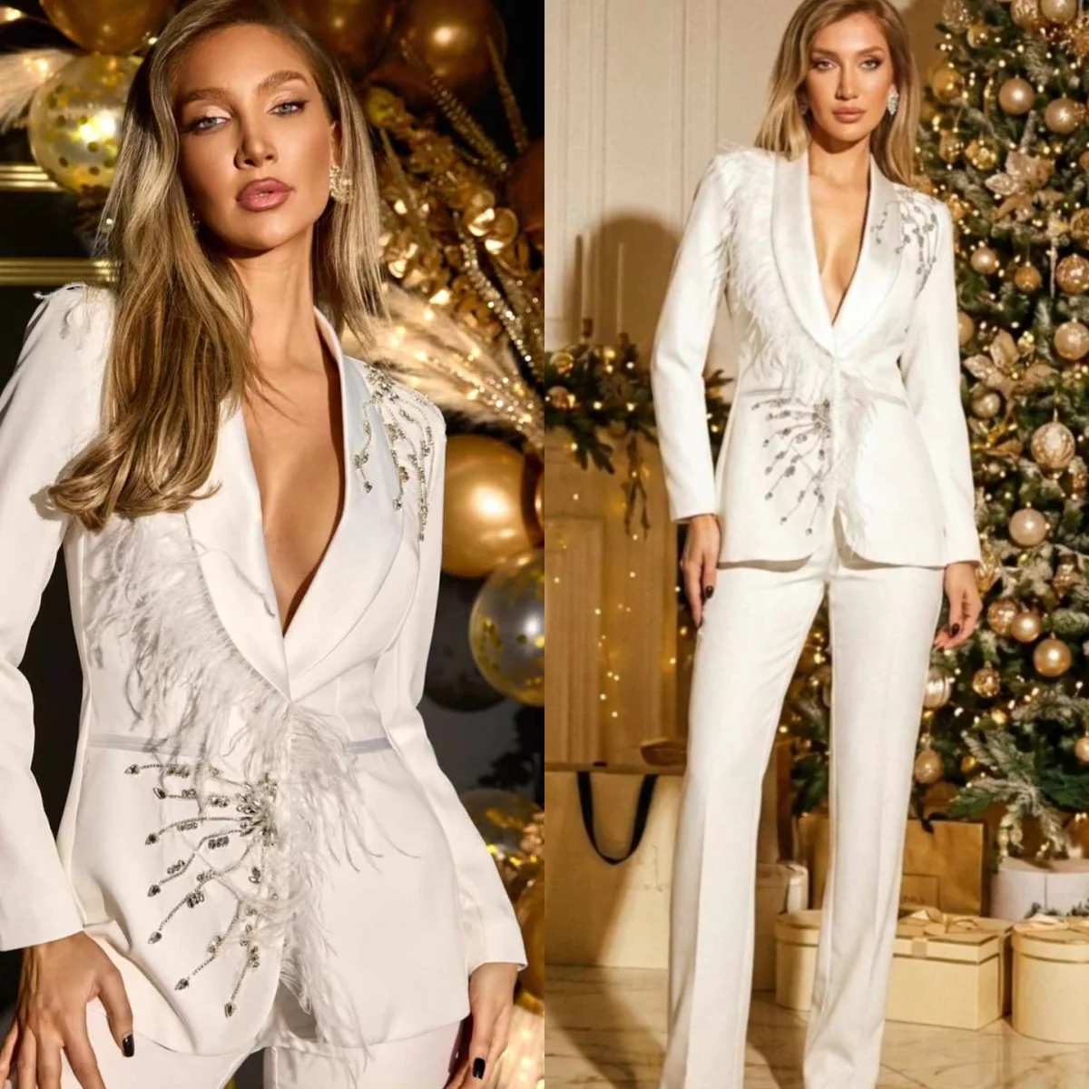 Elegant Feather Women Suits One Button Long Sleeve Pant Sets Beaded 2 Pieces Birthday Party Customized Outfits