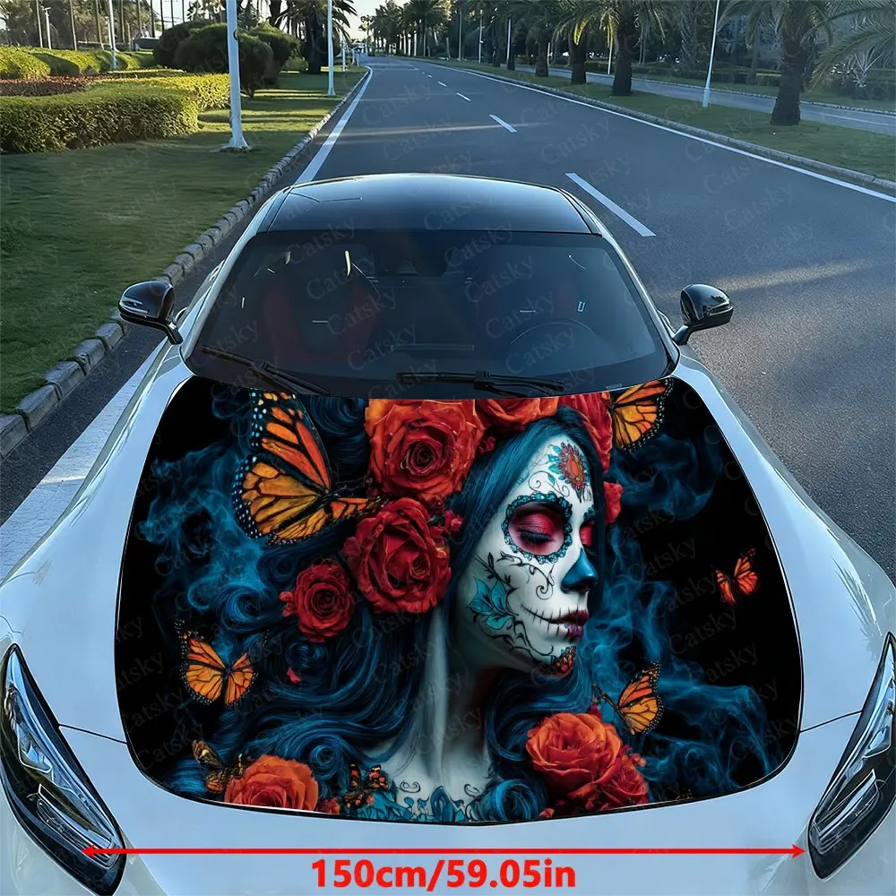 Red Roses & Monarch Butterflies Car Vinyl Wrap, PVC Waterproof Car Hood Sticker, Self-Adhesive Scratch-Resistant Stickers