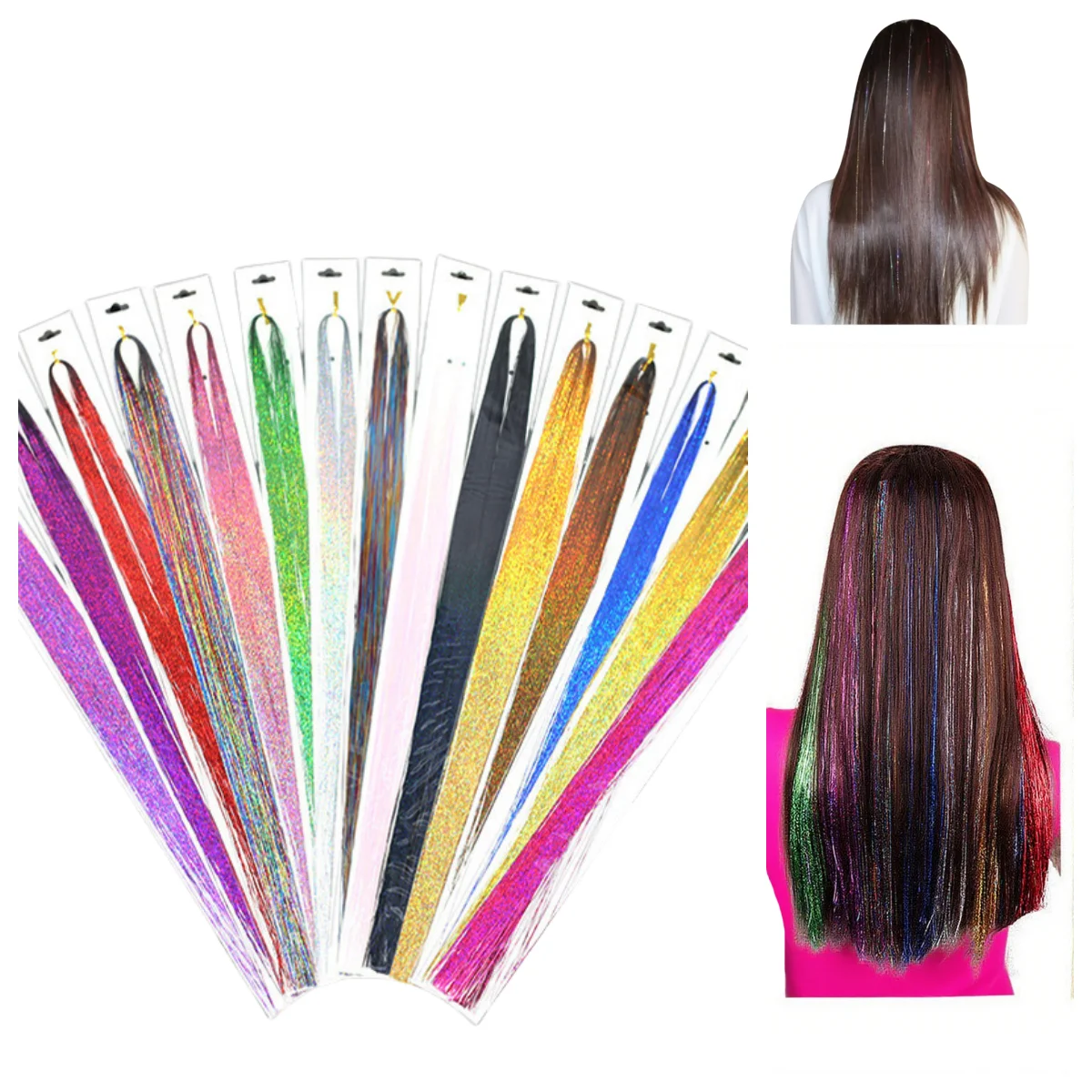 

20-дюймовые красочные блестящие нитки, блестящая мишура для волос, комплект красочных шелковых блестящих волос, аксессуары для наращивания волос для женщин