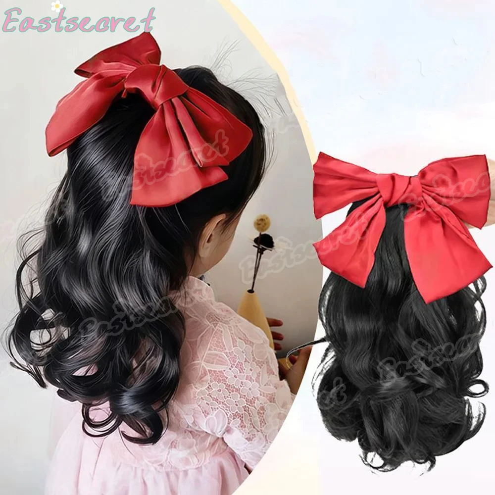 EAST Synthetic children's wig Black and red bow Curly hair Wavy hair clip Ponytail clip Hair accessory Spring clip style