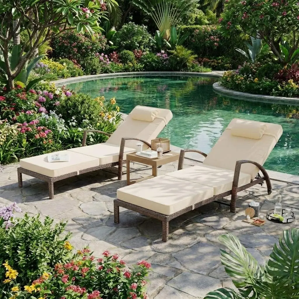 Outdoor Chaise Lounge Set of 2, 5-Position Adjustable PE Wicker Reclining Chairs with Wheels & 3.5" Cushions, 400 lbs Capacity