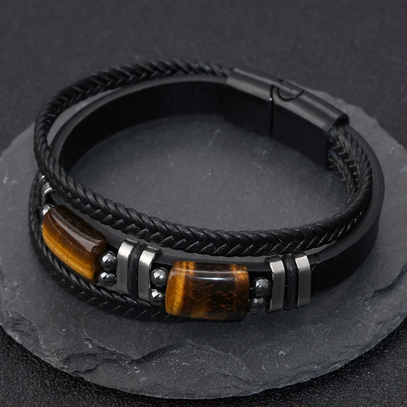 Tiger Eye Black Leather Bracelet Men Natural Tiger Eye Gemstone Crystal Stone Jewelry Courage And Stress Relief Bracelets