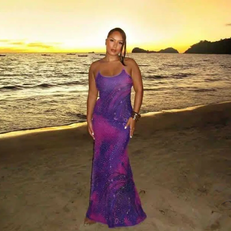 Abiti lunghi con stampa elegante attillata europea-americana Abiti lunghi da donna Moda Clubwear Abiti da sera senza maniche aderenti