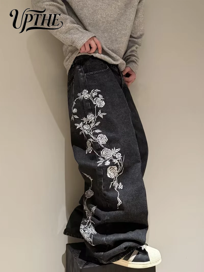 UPTHE Men's Rose Embroidered Baggy Wide Leg Jeans, Vintage Black Wash Loose Denim Pants, Y2K Streetwear Oversized Casual Trousers