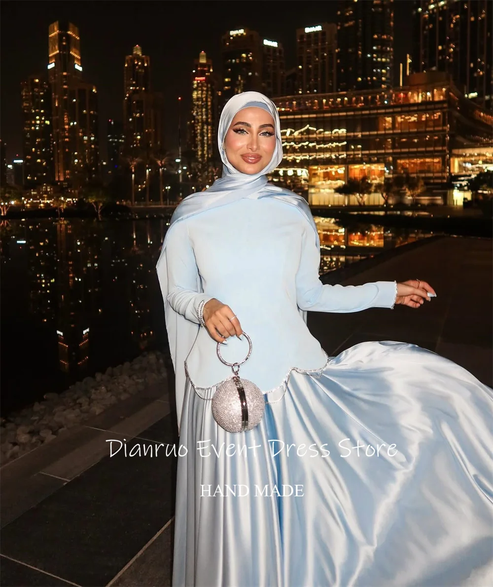 Dianruo 2025 robes de soirée modestes musulmanes Satin une ligne robes de bal plissées longueur de plancher robes de soirée de mariage saoudiennes personnalisées