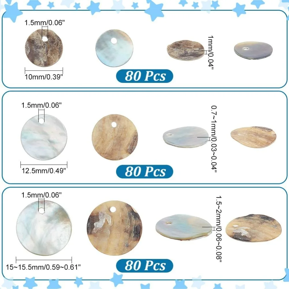 240 Pieces 3 Styles 10/12/15mm Natural Shell Beads, Flat Round Mother of Pearl Beads, Shell Beads, Shell Coin Charms Beads