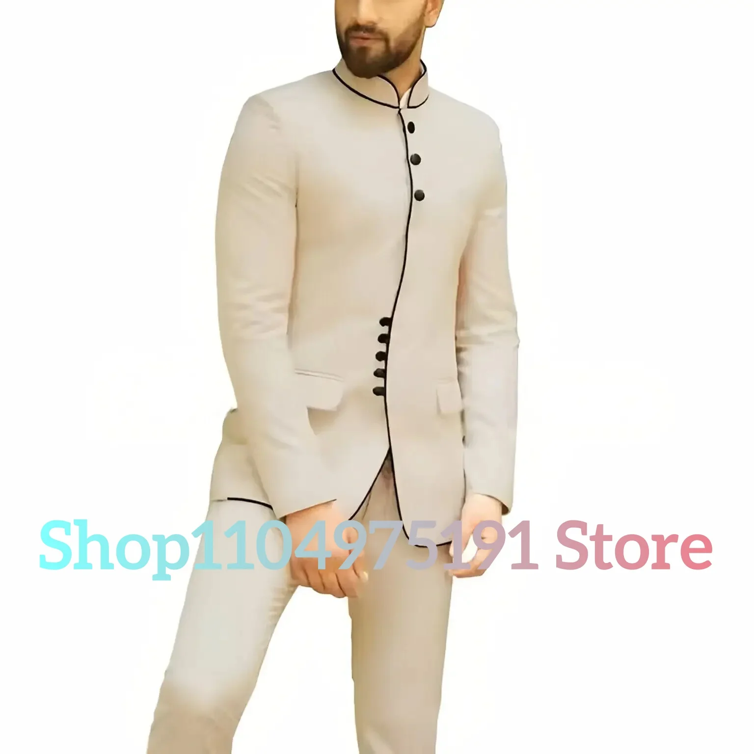 Men's white suit 2-piece jacket pants set black edging stand up collar Arabic African style daily outfit for wedding party