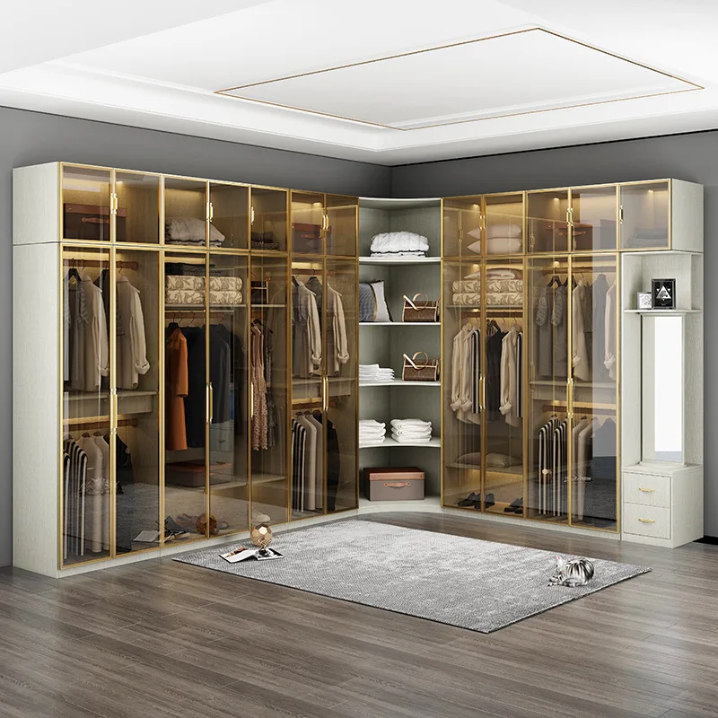 Light luxury glass door wardrobe, minimalist modern cloakroom,