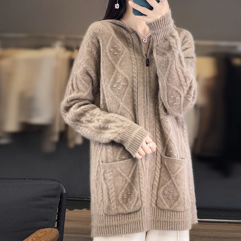 New 100% Merino Wool Hoodie Autumn/Winter Casual Loose Jumper Stylish Korean zippered Cardigan Long Sleeve Top Thick Warm Jacket