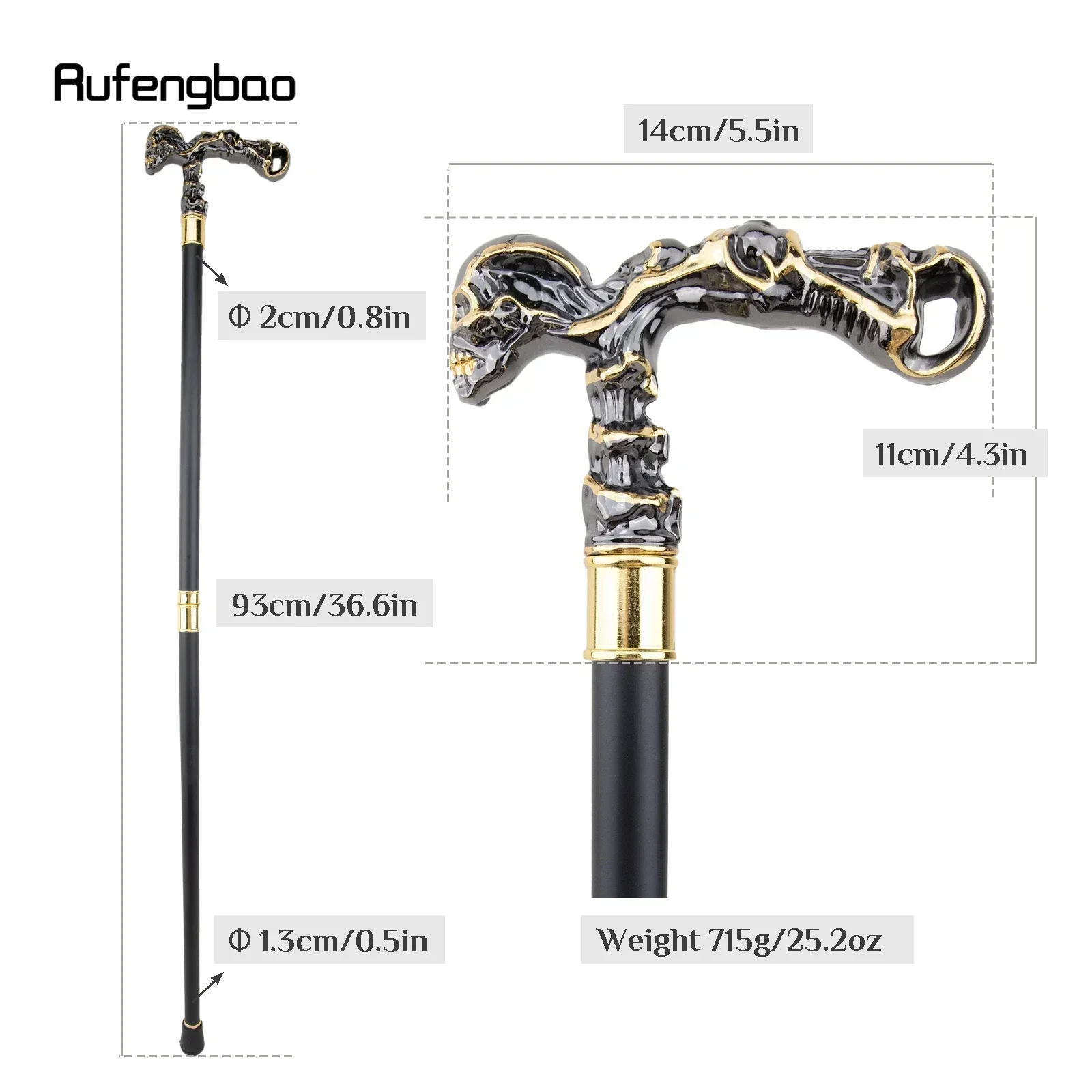 Golden Black Skull Walking Stick Decorative Vampire Cospaly Vintage Party Fashionable Walking Cane Halloween Crosier 93cm view 7